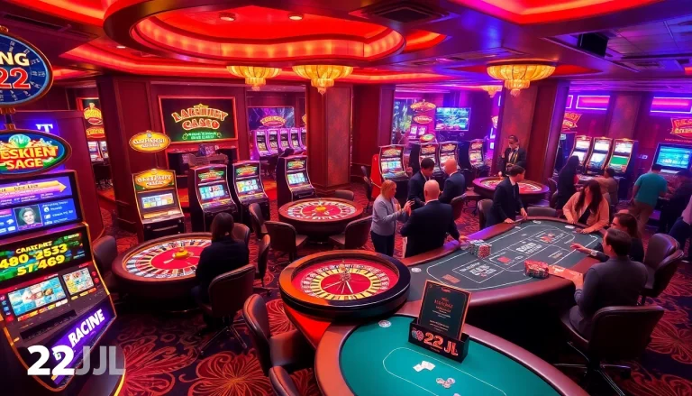 Players enjoying the thrill of casino gaming with 22JL branding evident on tables and machines.