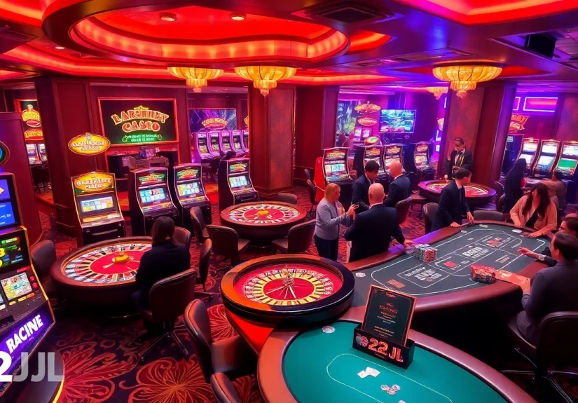 Players enjoying the thrill of casino gaming with 22JL branding evident on tables and machines.