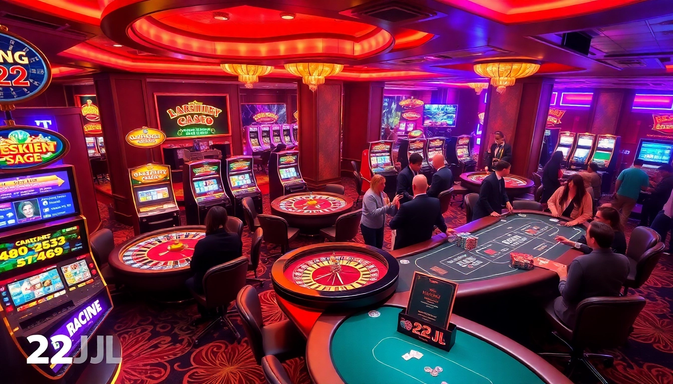 Players enjoying the thrill of casino gaming with 22JL branding evident on tables and machines.