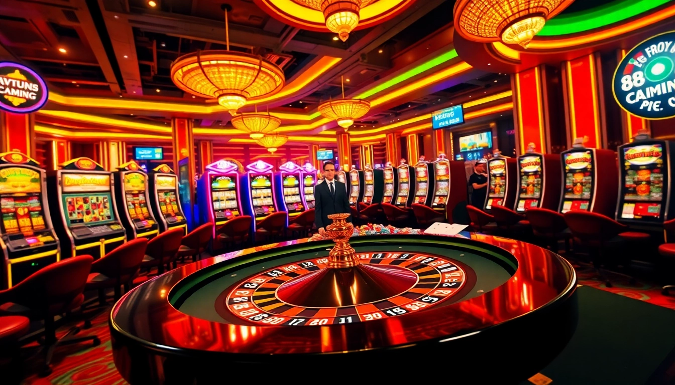 Experience the excitement of 88xx-themed casino gaming featuring roulette tables and vibrant slot machines.