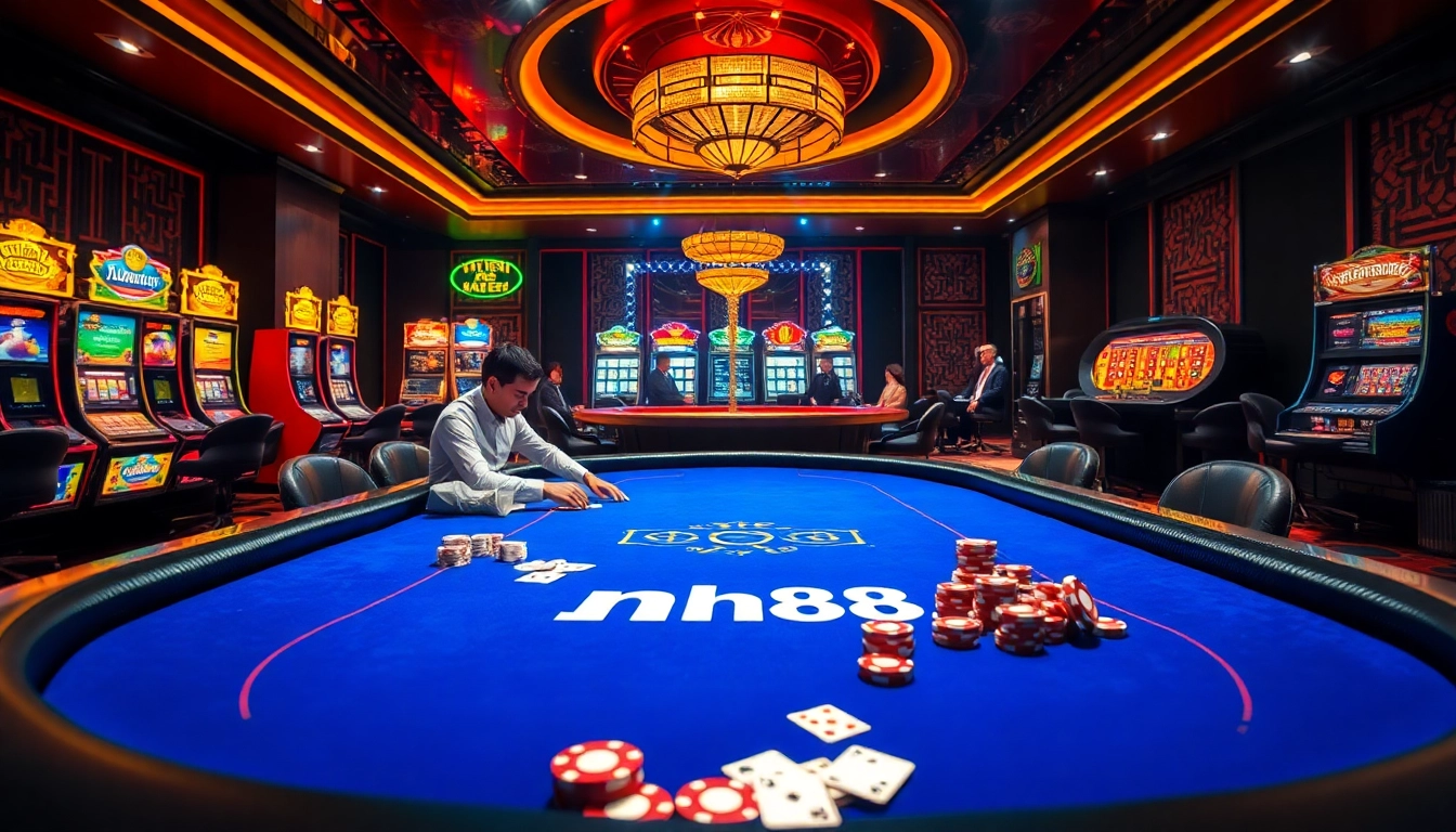 Experience thrilling gambling action at nh88 with vibrant casino elements and engaging players at poker tables.