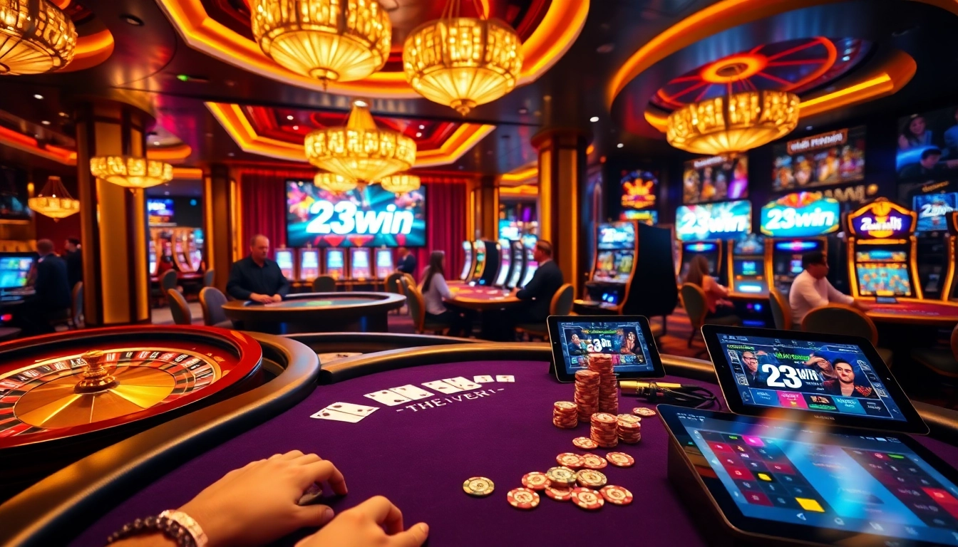 Betting excitement at the 23win casino with poker chips and vivid gaming tables.