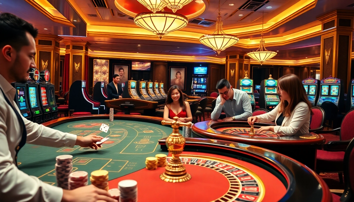 Players enjoying a thrilling gambling experience at king88b.us.com, with colorful casino games and vibrant ambiance.